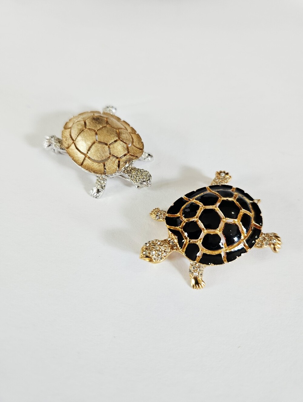 Vintage Ciner Signed Enamel Rhinestone Gold Tone Turtle Brooch Pins - Set of Two